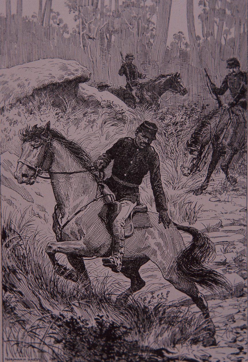Mustat jäljittäjät jahtaavat bushrangeja Australiassa (kaiverrus) tekijältä Unknown artist