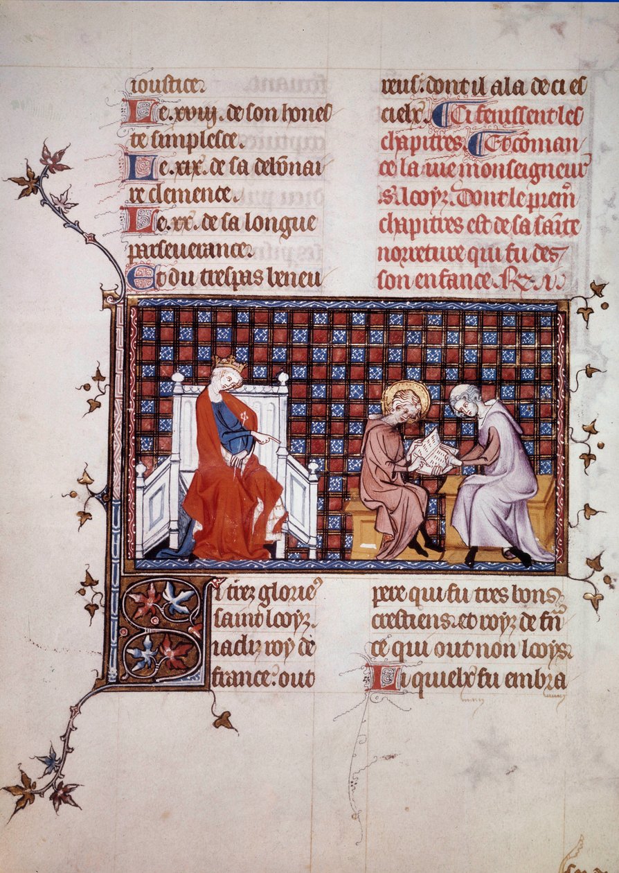 Blanche de Castille, Ranskan kuningatar (1188-1252), ohjasi poikansa Ludvig IX:n (1214-1270) koulutusta (Saint Louisin miniatyyri William of Saint Pathusin käsikirjoituksesta "Saint Louisin elämä ja ihmeet". 1320. Pariisi , B.N. tekijältä Unknown artist