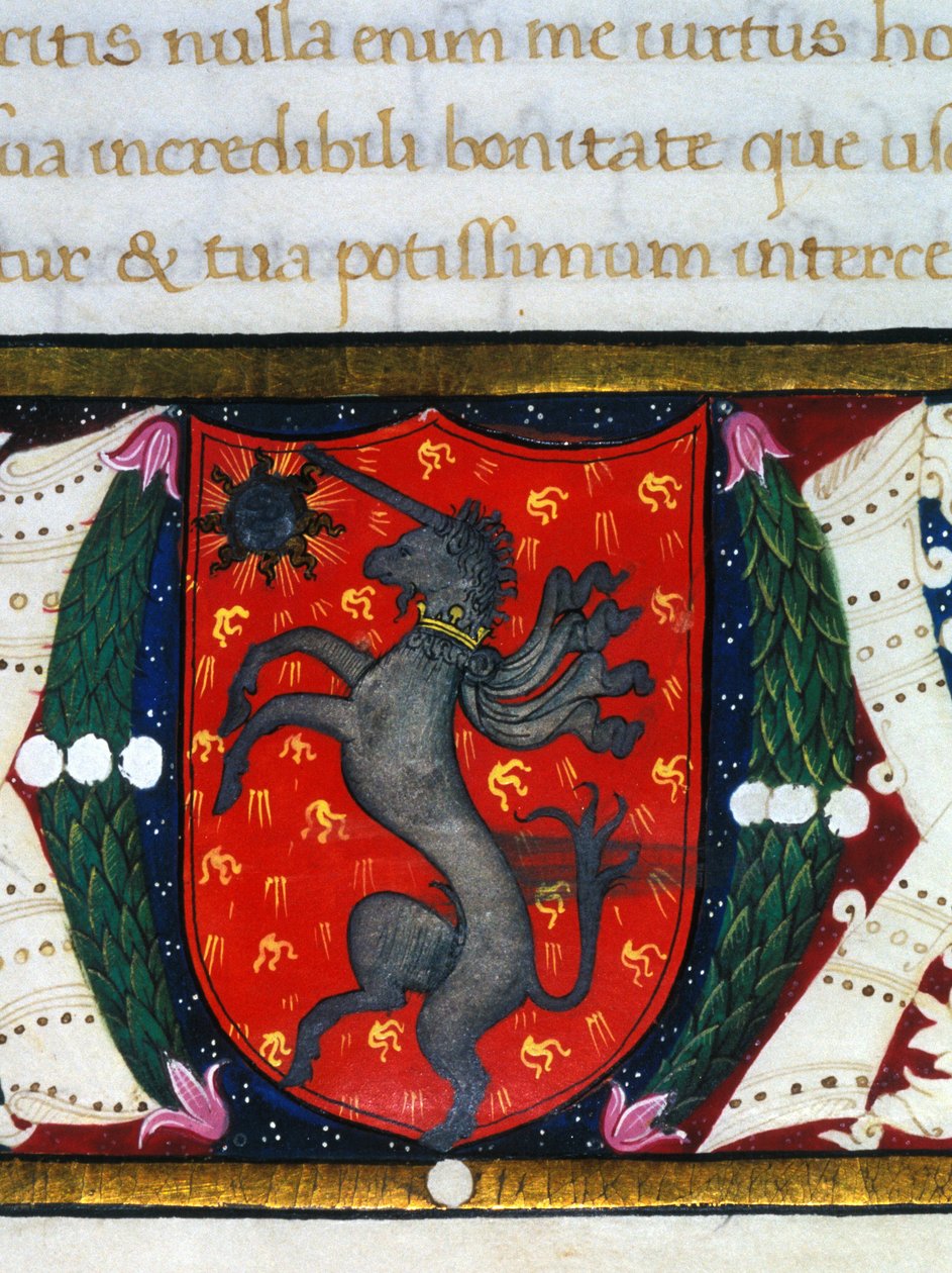 Blazon koristaa yksisarvisen, tähden punaisella pohjalla. Miniatyyrin yksityiskohta. 1300-luvulla tekijältä Unknown artist