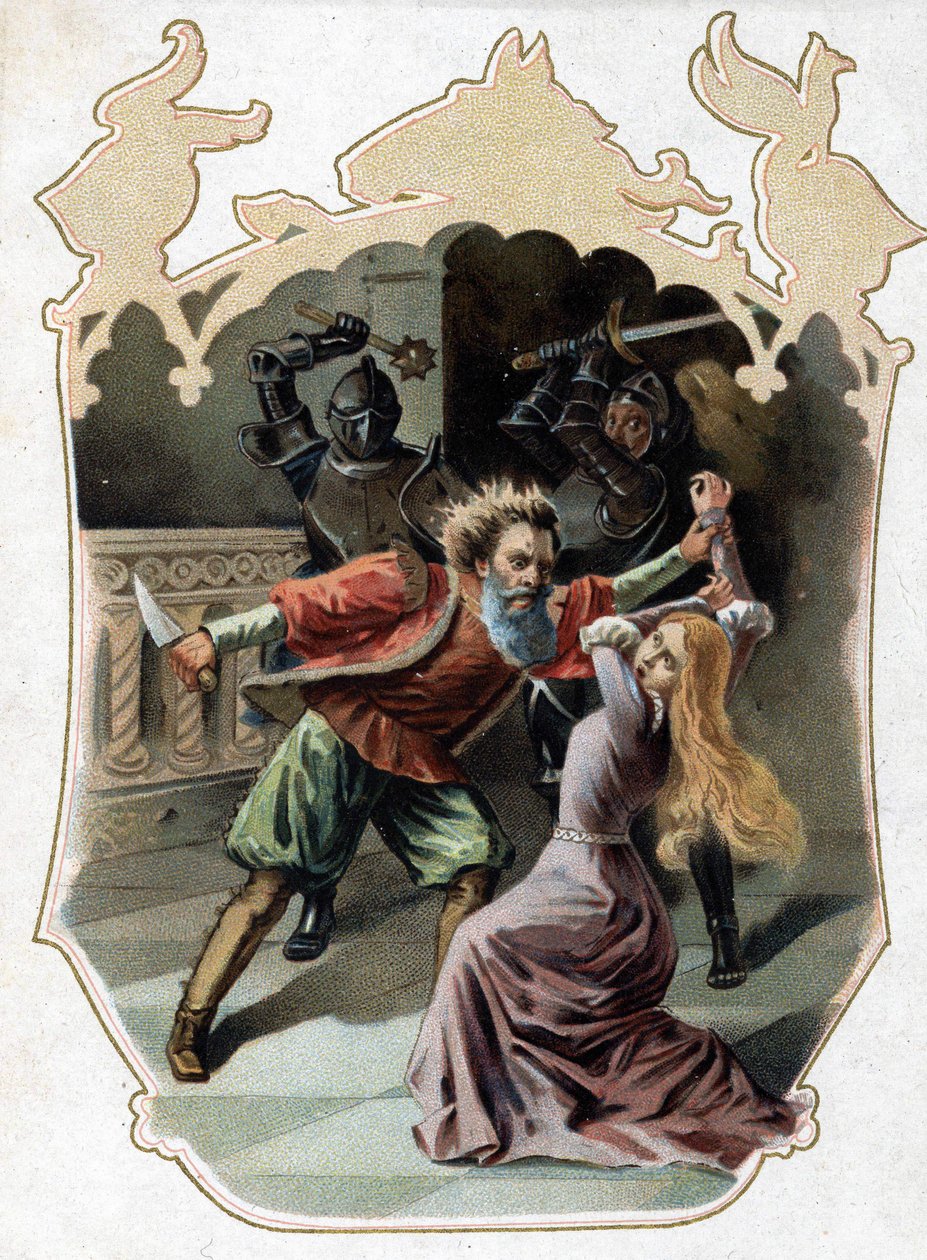 Sininen parta. Tarina Charles Perraultista. 1697. 1800-luvun lopun kromolitografia. Tarra "" Halvalla""". "Siniparta yrittää murhata vaimonsa, joka yritti päästä kabinettiin, jossa hänen murhamansa vaimot ovat rangaistakseen häntä uteliaisuudestaan. T tekijältä Unknown artist