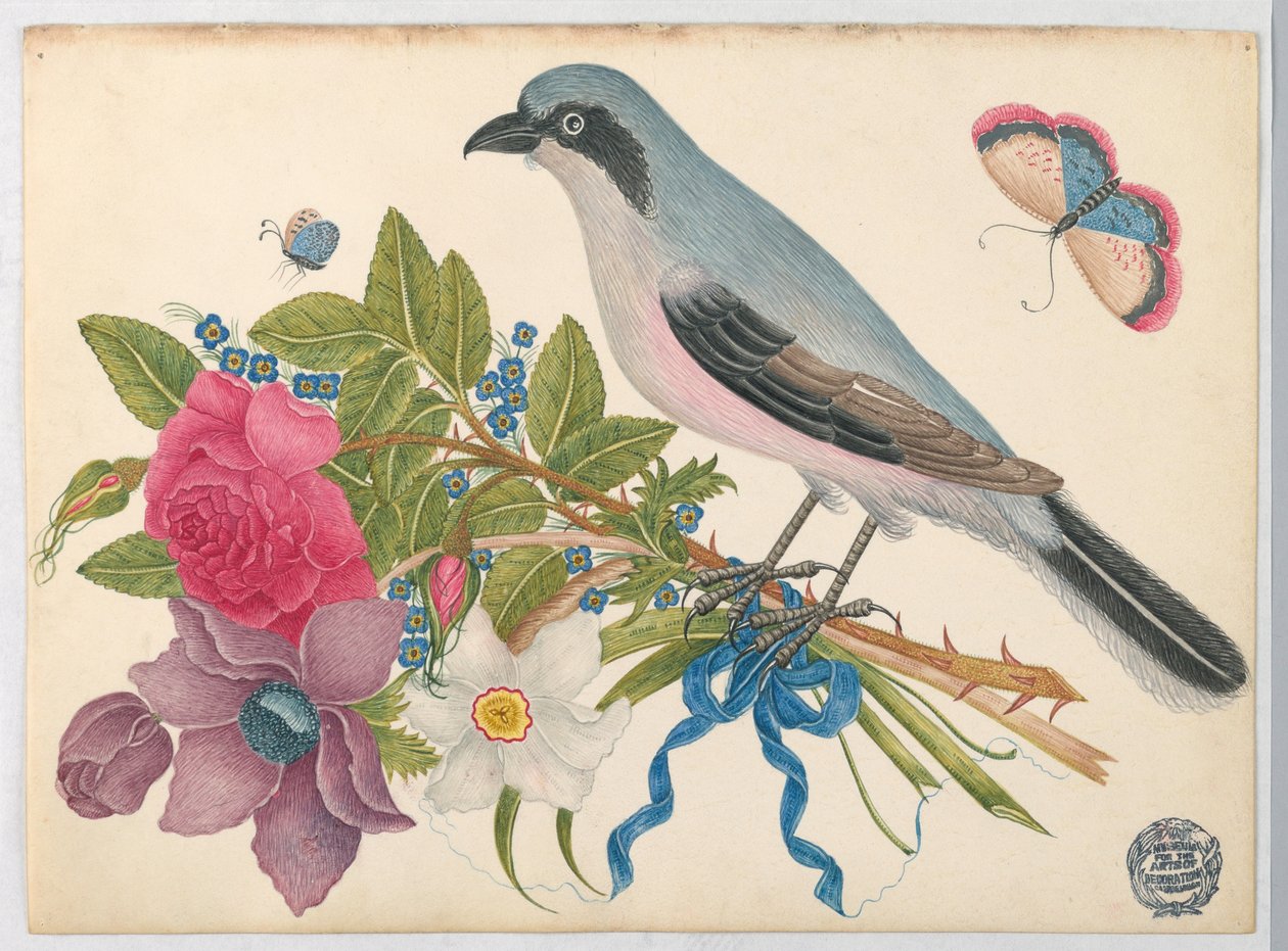 Sininen lintu ruusu- ja tulppaanikimpussa perhosilla tekijältä Unknown artist