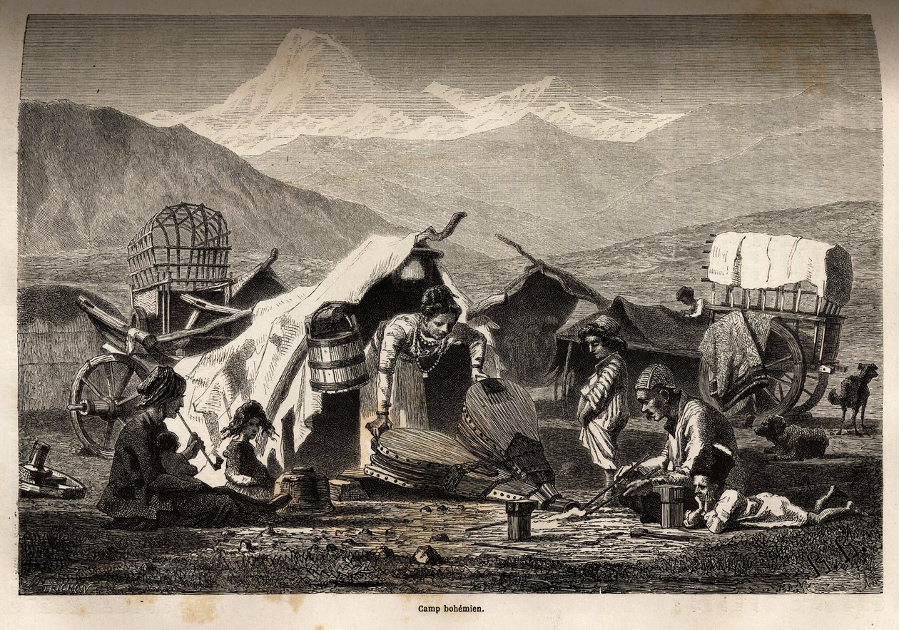 Boheemi leiri. Kaiverrus havainnollistamaan matkaa Kaukasuksen maakunnissa, Basile Vereschaguine, 1864-1865, julkaistu "" Le tour du monde, nouveau journal des voyages" -lehdessä, toimittanut Edouard Charton tekijältä Unknown artist