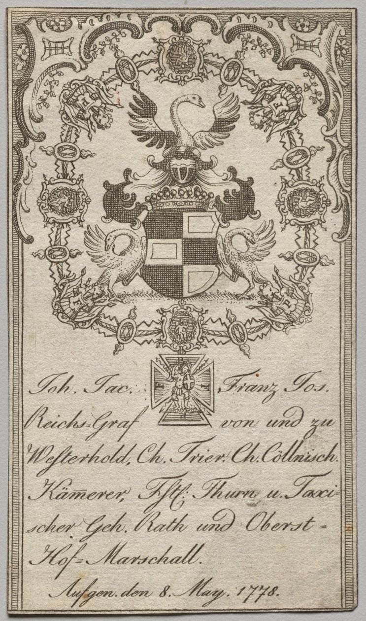 Kirjakilpi: Johan. jac Franz Joseph, Westerholdin keisarillinen kreivi tekijältä Unknown artist