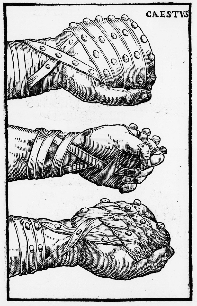 Nyrkkeilyhanskat - "Hieronymi Mercurialis de Arte Gymnastica", Venetsian painos tekijältä Unknown artist