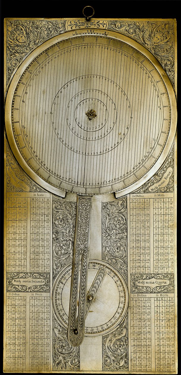 Messinkimäinen instrumentti, joka tunnetaan nimellä "Jovilabe" (Jovilabium), ennustettiin tähtitieteilijä Galileo Galilein (Galilea) (1564-1642) Jupiter-satelliittikausia koskevien tutkimusten jälkeen noin 1610. 1650-1700 Firenze, Istituto e Museo di Stori tekijältä Unknown artist