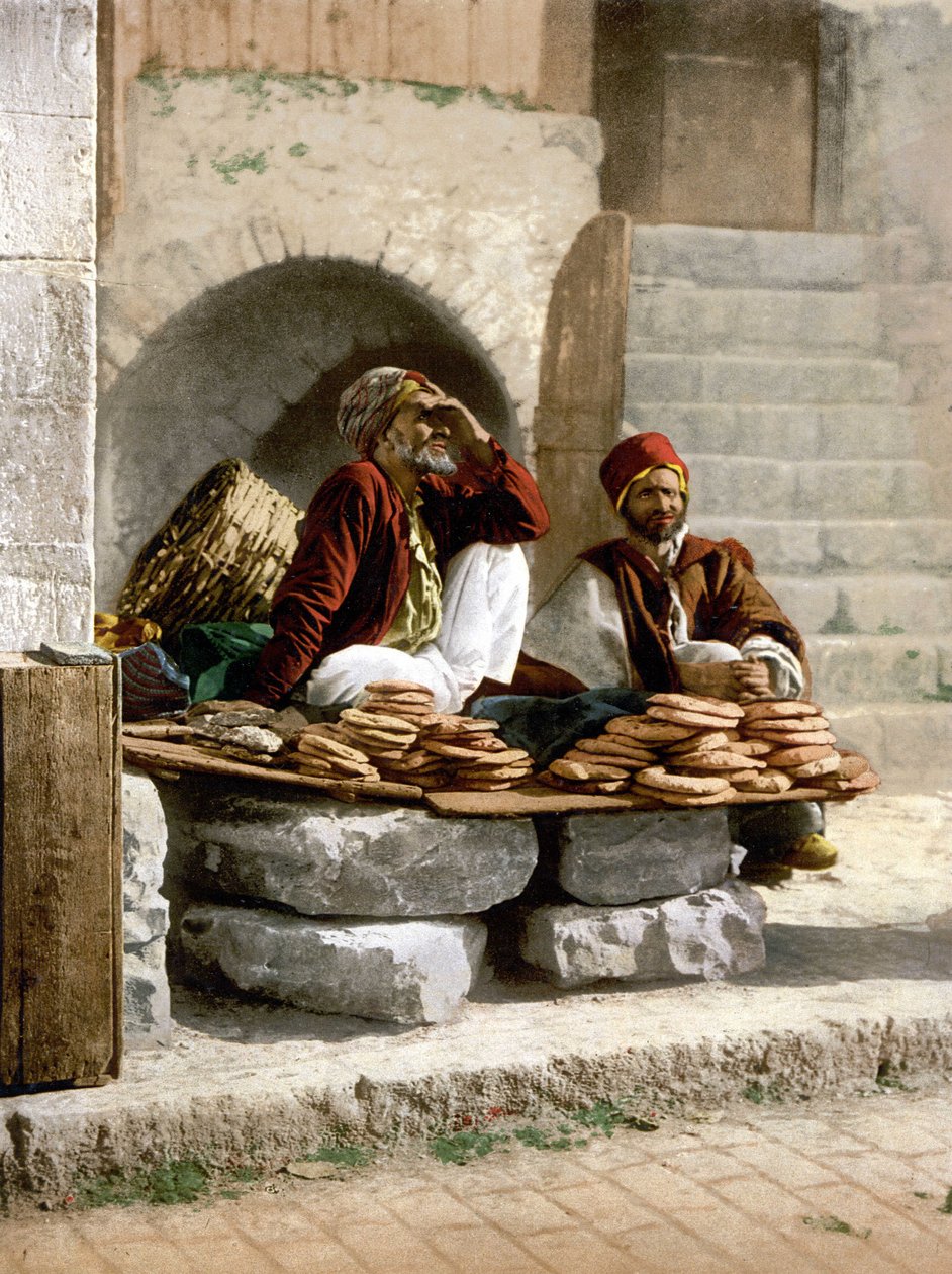 Leivänmyyjät Jerusalemissa. Photochrome sd välillä 1890-1900. tekijältä Unknown artist