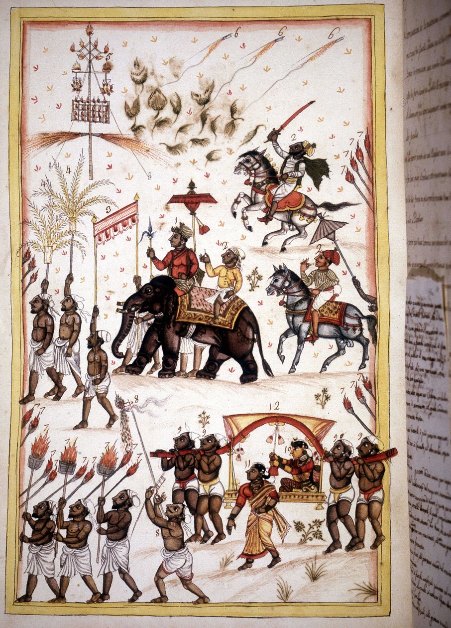 Korkean yhteiskuntaluokan puolisoiden morsiuskulkue - Sivu käsikirjoituksesta (ms.8300) "Mogolin historia" (Moghul tai Moghol), kirjoittanut Stefano Nivibus Cardeira. 1700-luvulla. Bibloteca marciana, Venetsia tekijältä Unknown artist