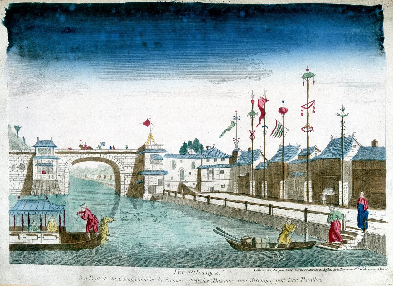 Cochinchinen silta ja veneet erottuvat paviljongeista. Kaiverrus 1700-luvun lopulta tekijältä Unknown artist