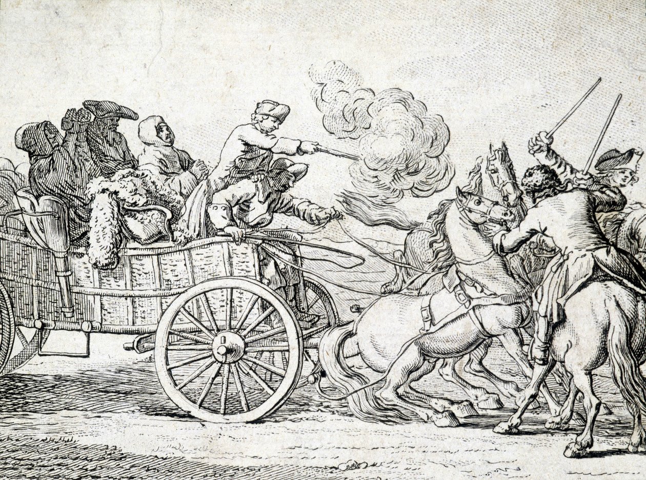 Prikaat hyökkäävät kärryn matkustajien kimppuun. 1700-luvun anonyymin kaiverrus. tekijältä Unknown artist