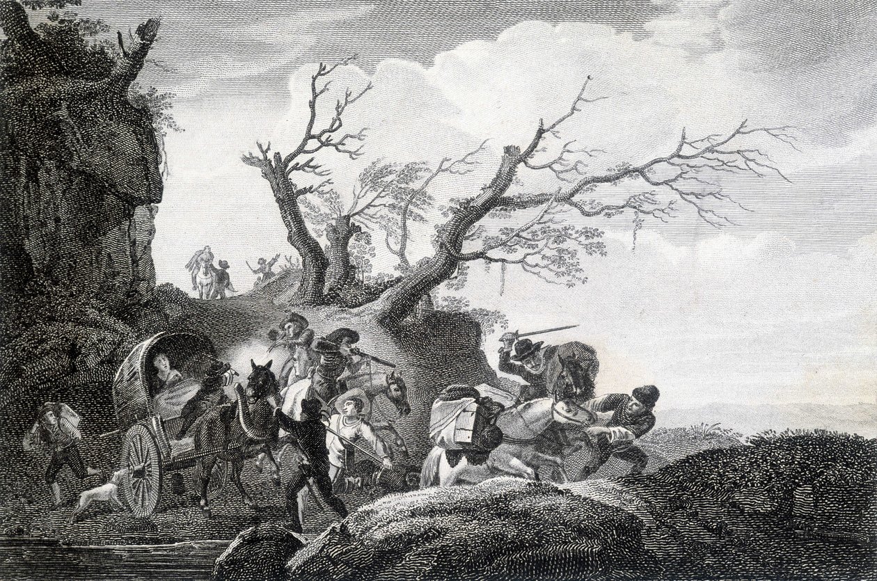 Rikaat hyökkäävät matkustajien kimppuun maantiellä. Kaiverrus 1700-luvun nimettömästä. tekijältä Unknown artist