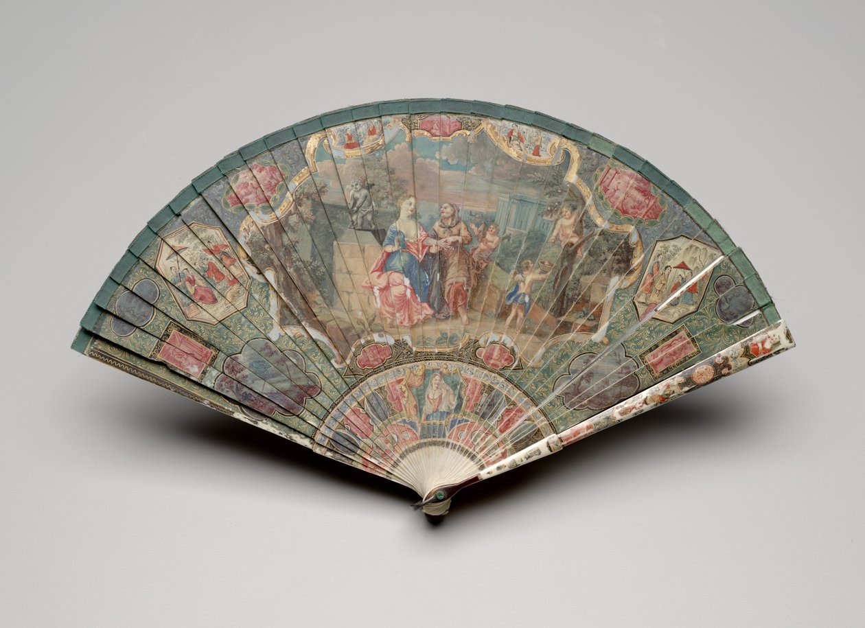 Brisé-viuhka ennustajalla ja chinoiserie-aiheilla, n. 1700-25 (guassi norsunluun terissä, silkkinauha, kilpikonnankuori, tahnakiviä ja messinkilenkki) tekijältä Unknown artist