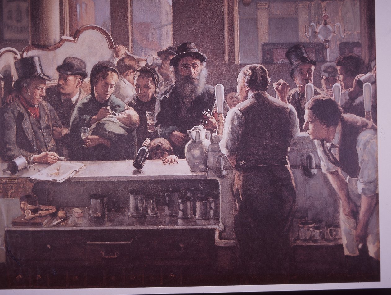 Brittiläinen pubi, jossa tarjoillaan juomia (väri litho) tekijältä Unknown artist