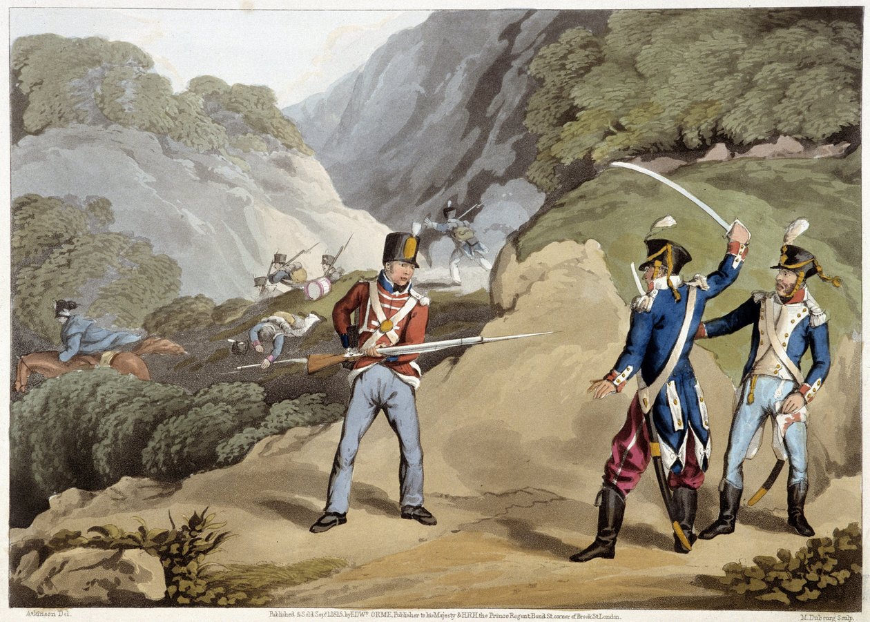 Brittiläinen sotilas vangitsi kaksi ranskalaista upseeria Pyreneiden taistelussa - Edward Ormen "Historialliset, sotilaalliset ja laivaston anekdootit..." tekijältä Unknown artist