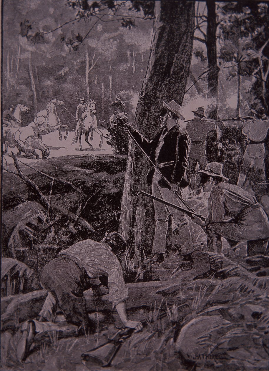 Bushrangers, australialaiset lainsuojattomat, ryöstävät kultasaattajan (kaiverrus) tekijältä Unknown artist