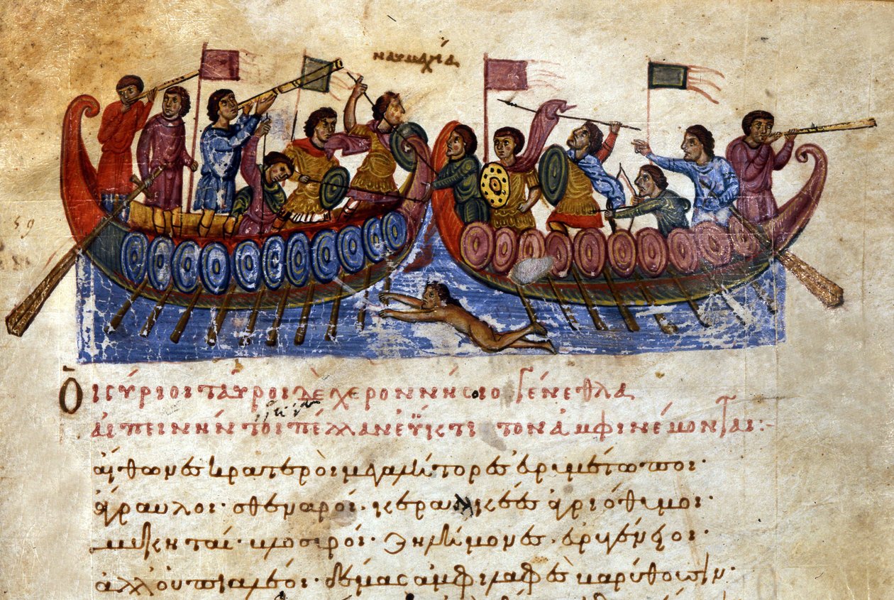 Bysantin meritaistelu. Rynnäkköuimari hyökkää vihollisen aluksen kimppuun. Käsikirjoitus 1000-luvulta. Venetsia, raamattu. Marciana. tekijältä Unknown artist