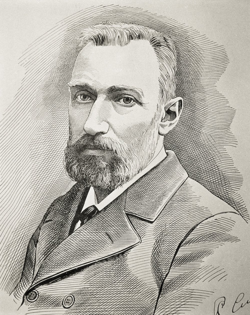 CURIE, Pierre (1859-1906). Ranskalainen fyysikko. Muotokuva vuodelta 1898. Kaiverrus. tekijältä Unknown artist