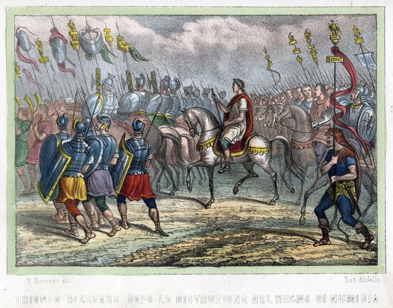 Caesarin seurue Numidian kuningaskunnan tuhon jälkeen - Leon Galibertin "muinaisessa ja nykyaikaisessa Algeriassa". Italialainen painos 1846 värissä. tekijältä Unknown artist