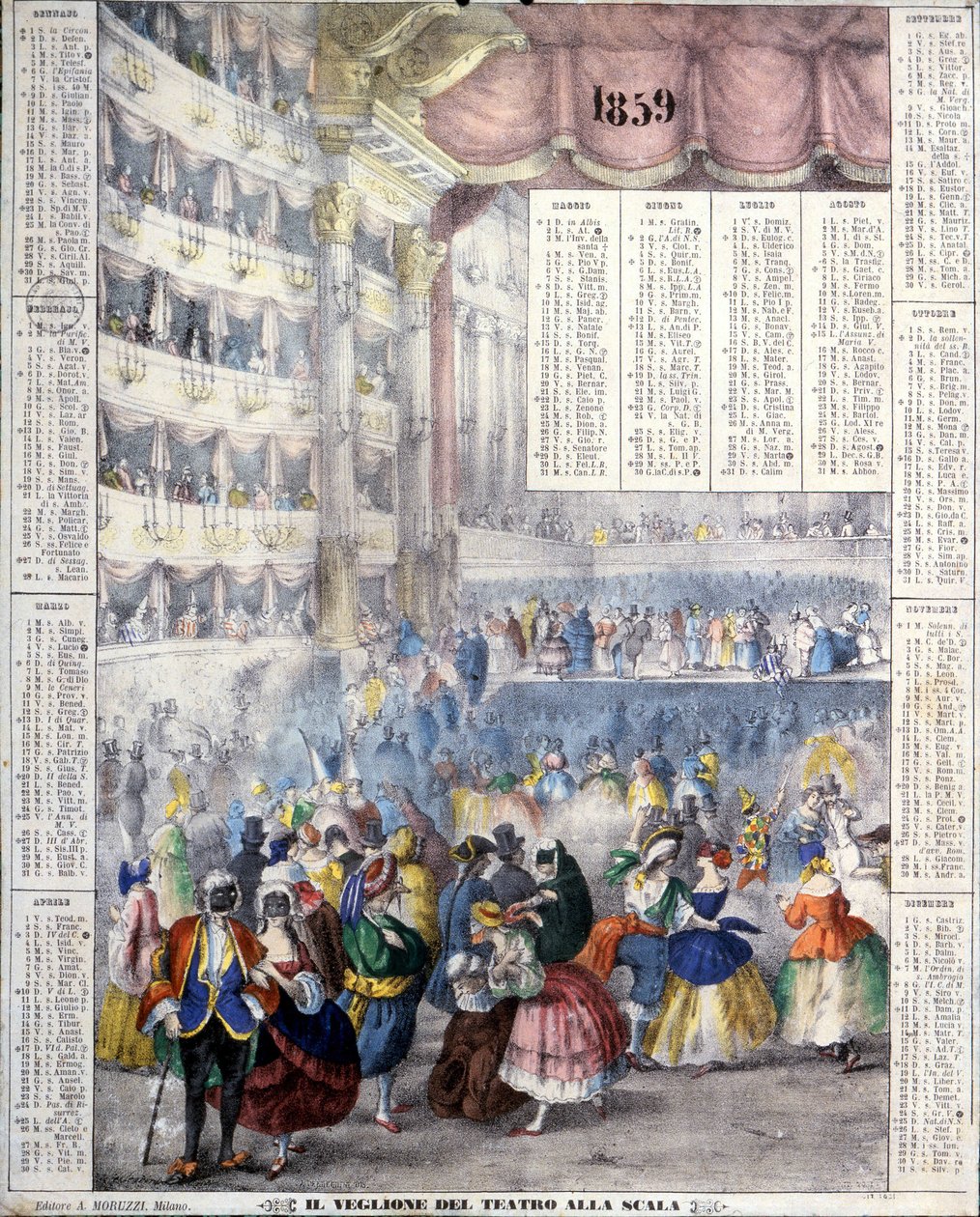 Vuoden 1859 kalenteri, joka edustaa karnevaaliiltaa Teatro alla Scalassa vuonna 1859. tekijältä Unknown artist