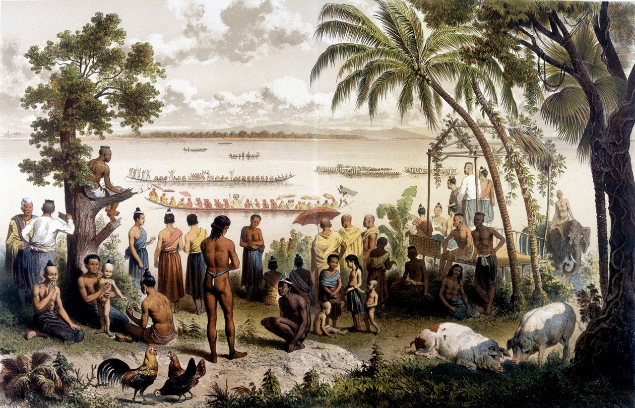 Kanoottikilpailu Bassacissa, Laosissa. Atlas tutkimusmatkasta Indokiinaan vuosina 1866 - 1868, toimittanut F. Garnier tekijältä Unknown artist