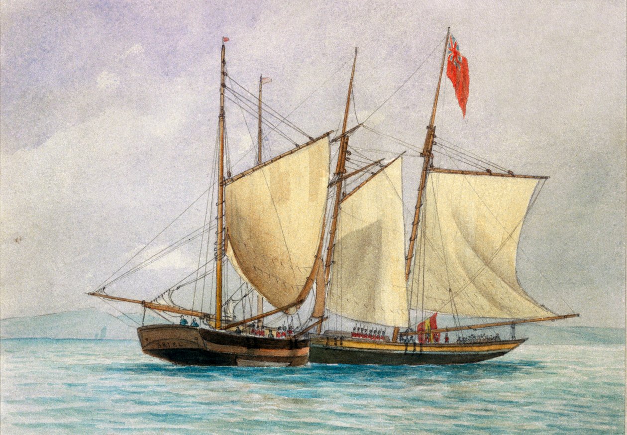 Kapteeni H Wolman ja HM 80. jalkaväki kaappaa pahamaineisen merirosvouskuunari Hanna Mercury Isld 26. lokakuuta 1843. tekijältä Unknown artist