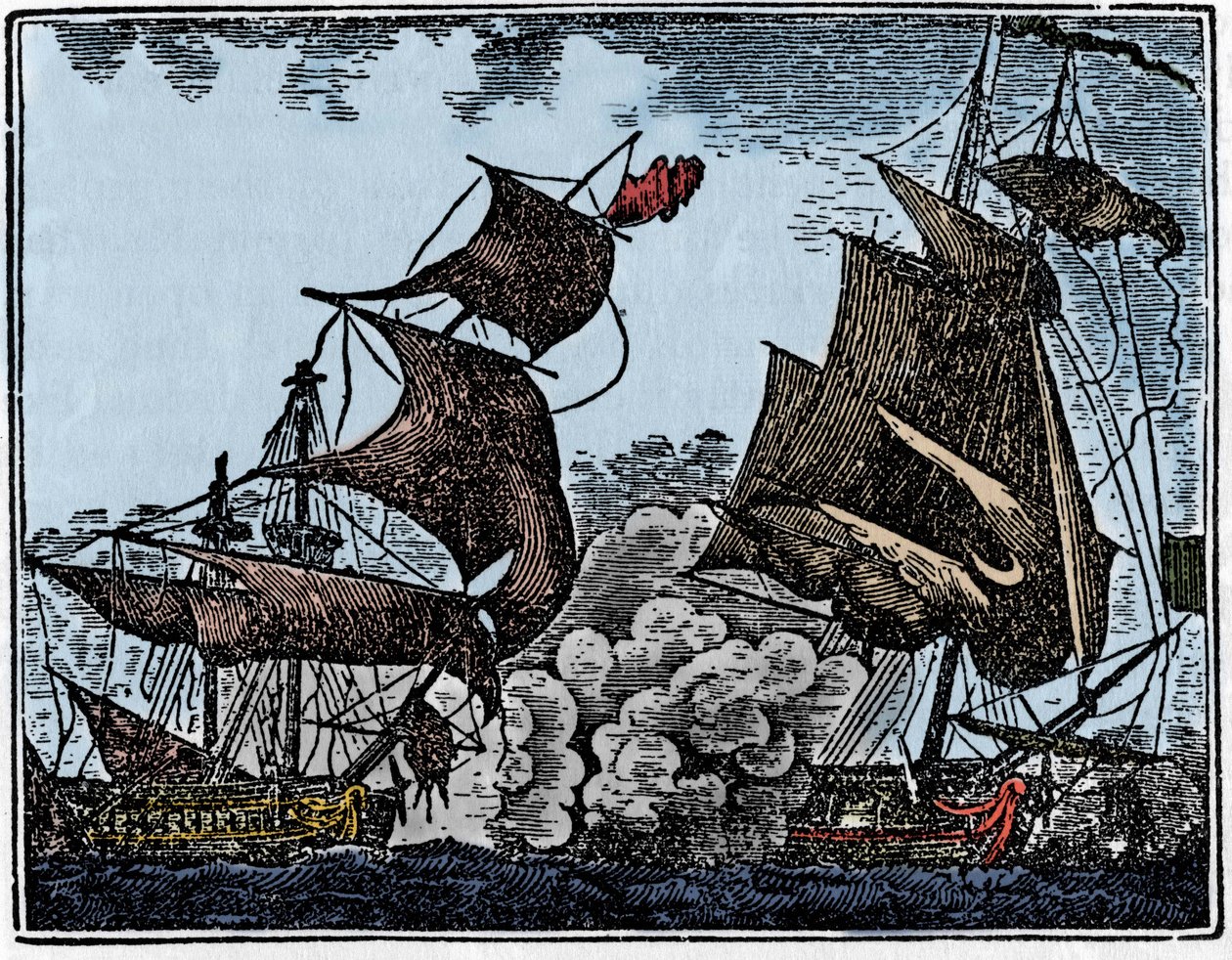 Kapteeni Thy hyökkäsi Intian galleoniin (törmäys). tekijältä Unknown artist