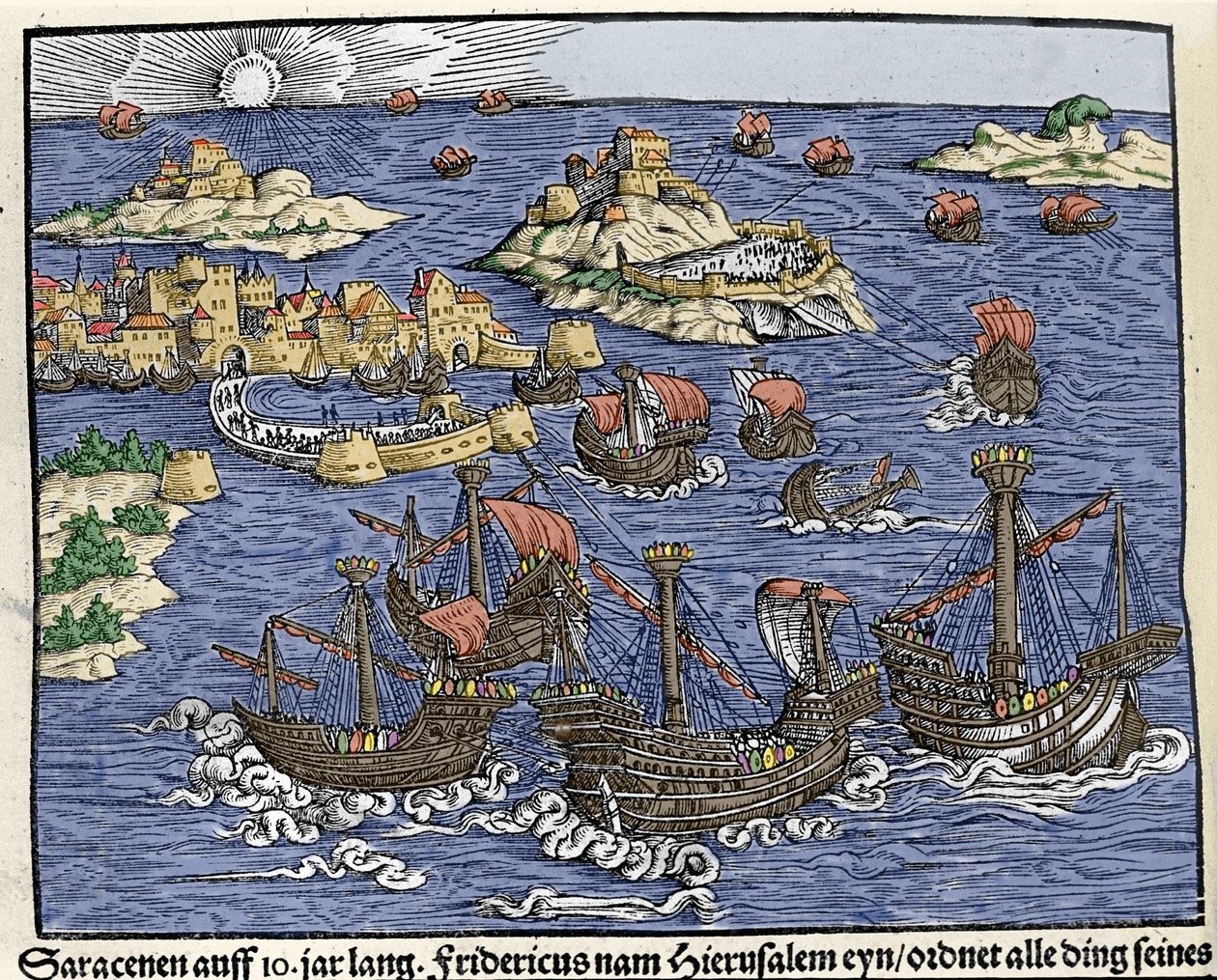 Saraseeniarmeijat valtasivat Jerusalemin helmikuussa 638. Johann Stumpffin teoksessa "Den Noble Strict Best Fromen"" tekijältä Unknown artist