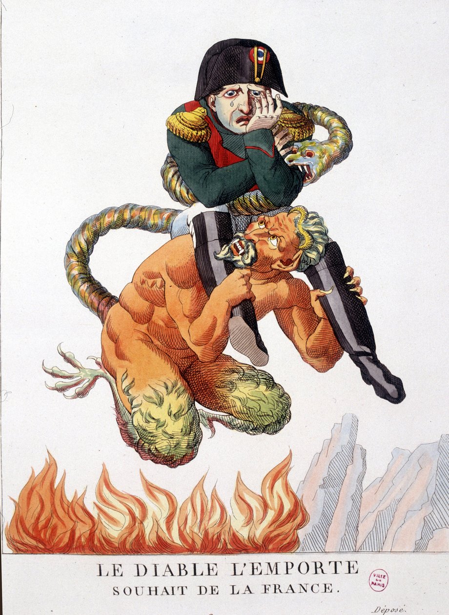 Sarjakuva paholaisen kantamasta Napoleon Bonapartesta: Saakoon paholainen voittaa Ranskan toiveen - "" Napoleon I:ssä, karikatyyreissä, nukkekokoelmassa". 1814 - 1815. B.H.V.P. tekijältä Unknown artist