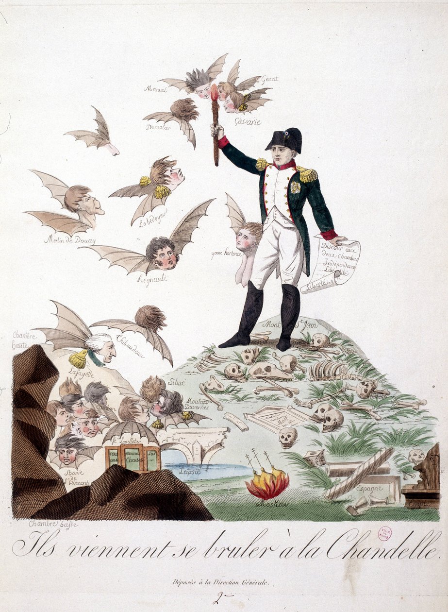 Sarjakuva Napoleonista I, jonka kuvasin luurankojen peittämälle kukkulalle pitelemässä kynttilää, joka polttaa lepakkohahmojen (Merlin de douai, Regnault...) siivet. - Napoleon I:ssä, karikatyyrejä, nuken kokoelma. 1814 - 1815. B.H.V.P. tekijältä Unknown artist