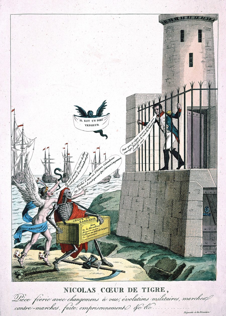 Sarjakuva Napoleon I:tä vastaan kunnianhimon ja kuoleman personifikaatiolla, n. 1815 tekijältä Unknown artist