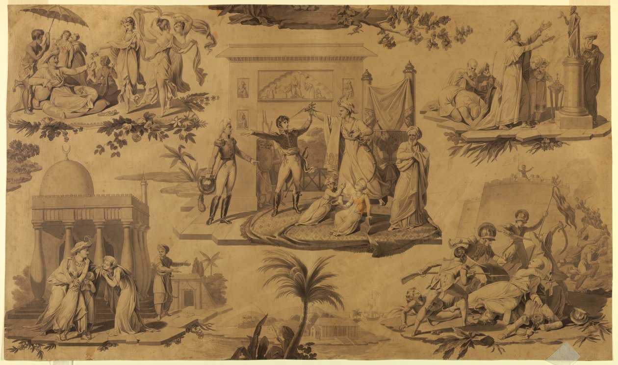 Sarjakuva painetulle puuvillatekstiileille: Ranskalaiset Egyptissä [Les Francais en Egypte] tekijältä Unknown artist
