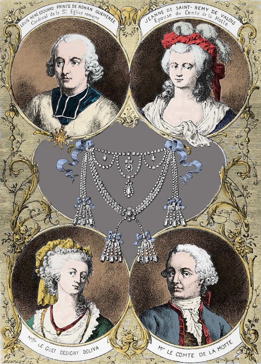 Kuningatar Marie Antoinetten kaulakorun tapaus - tapauksen päähenkilöt: Louis Rene Edouard de Rohan (kardinaali de Rohan), Jeanne de Valois Saint Remy (Valois-Saint-Remy), kreivi de la Motte ja neiti Le Guet d