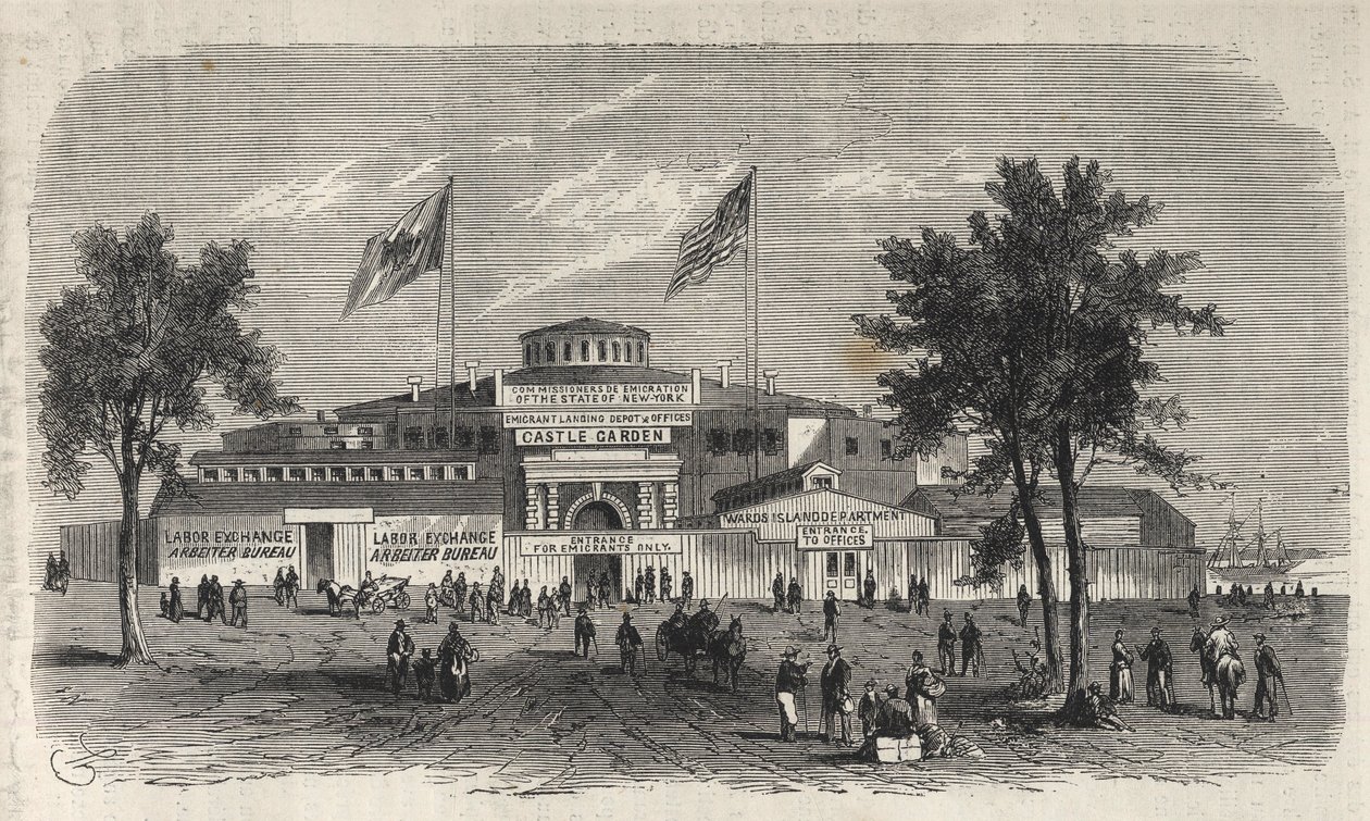 Castle Garden Immigration Center Depot - Castle Gardenin siirtolaisvarasto - New Yorkin osavaltio - Emigration Commission Establishment - Kaiverrus "The Illustrous Universe" 1869 tekijältä Unknown artist