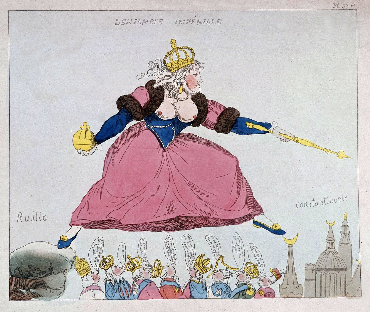 Katariina II hyppäämässä Venäjältä Konstantinopoliin Euroopan hallitsijoiden yli, karikatyyri, 1700-luvun loppu tekijältä Unknown artist