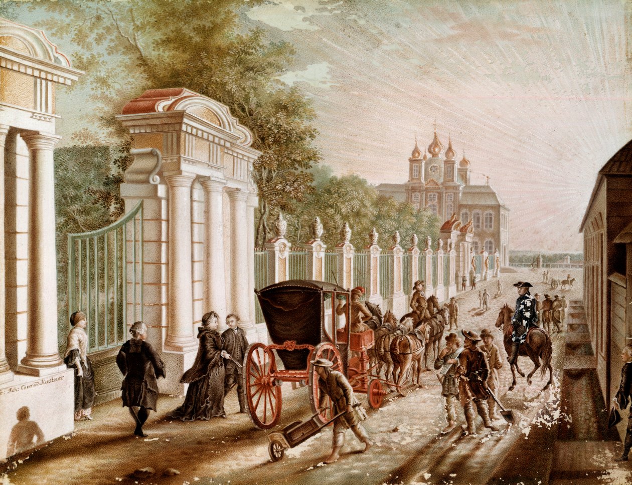 Katariina II eli Katariina Alekseijevna (1729-1782) lähti Pietarhovin palatsista ennen kuin hänet kruunattiin keisariksi vuonna 1762. Litografia 1700-luvun lopulta. Pietari. Chateau De Peterhof tekijältä Unknown artist