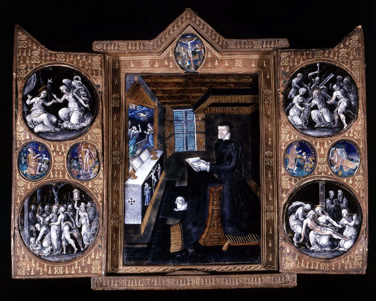 Catherine de Medicis (Caterina de Medici) (1519-1589) rukouksessa - triptyykkisähköposti ja nahka tekijältä Unknown artist