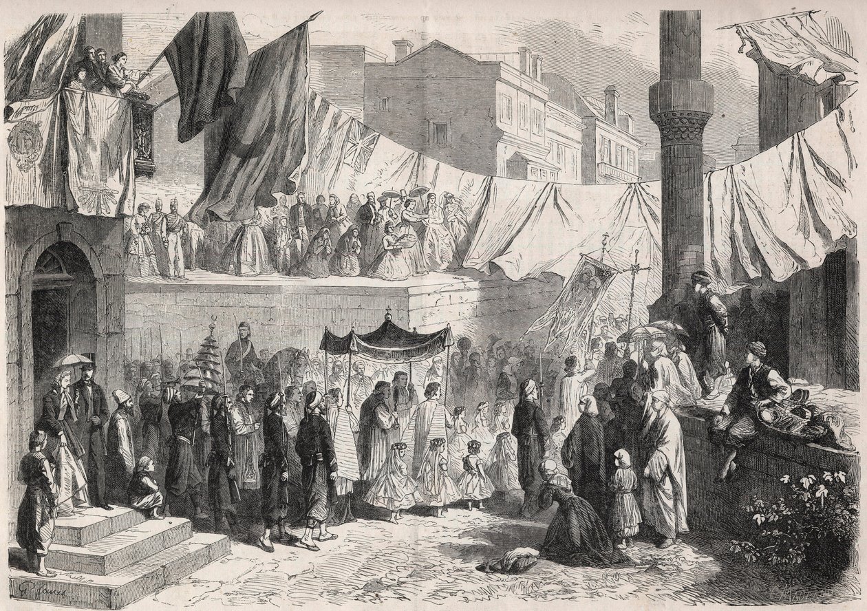 Katolinen kulkue Konstantinopolin kaduilla Fete Dieu -juhlan (Fete-Dieu) yhteydessä - kaiverrus "" Maineikas maailma"" tekijältä Unknown artist