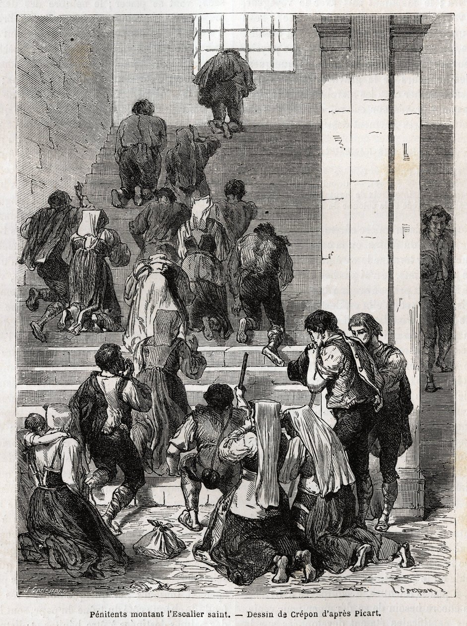Katoliset katuvaiset nousemassa pyhää portaikkoa pitkin Roomaan. Kaiverrus havainnollistamaan Ludovic Cellerin tarinaa; pyhä viikko Roomassa tekijältä Unknown artist