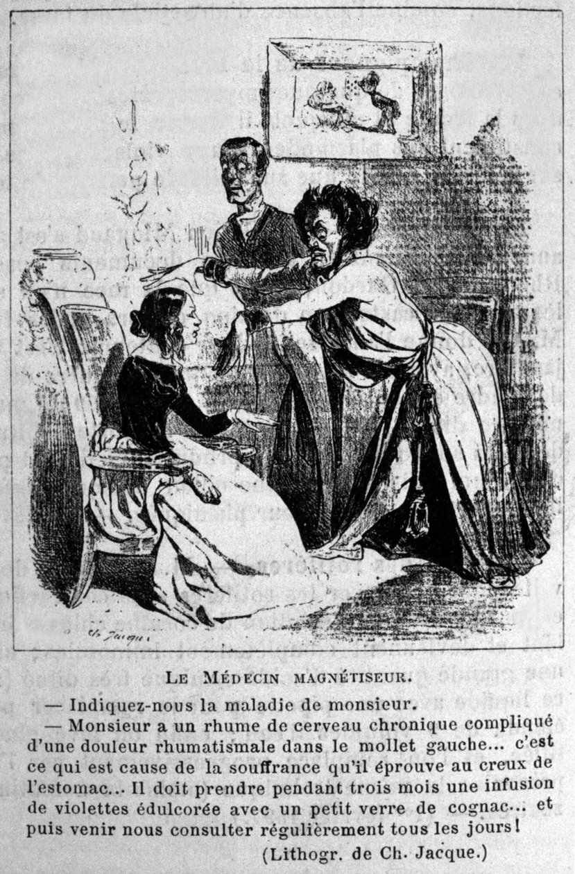 Charlatanismi: satiiri hypnoosimagnetoijien konsultoinnista sairauksien hoidossa. Jacquen litografiasta. 1800-luvulla tekijältä Unknown artist