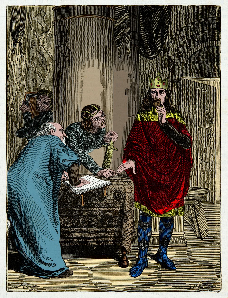Kaarle Suuri sanelemassa kapitulaariaan ministerilleen Alcuinille (732-804), Kaiverrus 1800-luku tekijältä Unknown artist