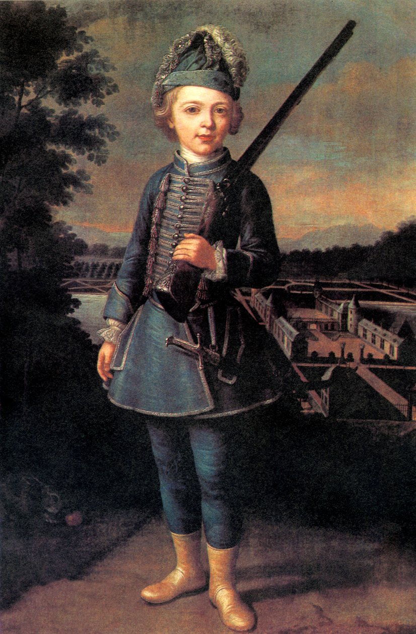 Charles-Joseph de Ligne noin 10-vuotiaana fantasia-univormussa Beloeilin linnan edessä tekijältä Unknown artist