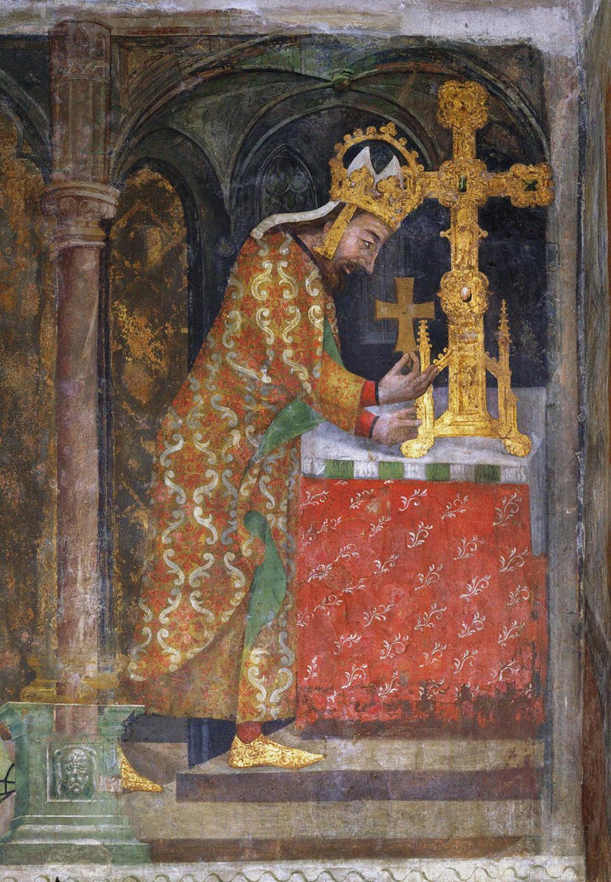 Kaarle IV Luxemburgilainen (1316-1378), roomalaisten keisari, asettaa Pyhän Ristin palasen pyhäinjäännökseen - Kaarle IV asettaa Pyhän Ristin sirpaleen pyhäkköjään - Anonymous. Fresko, c. 1360. Kansallisgalleria, Praha tekijältä Unknown artist