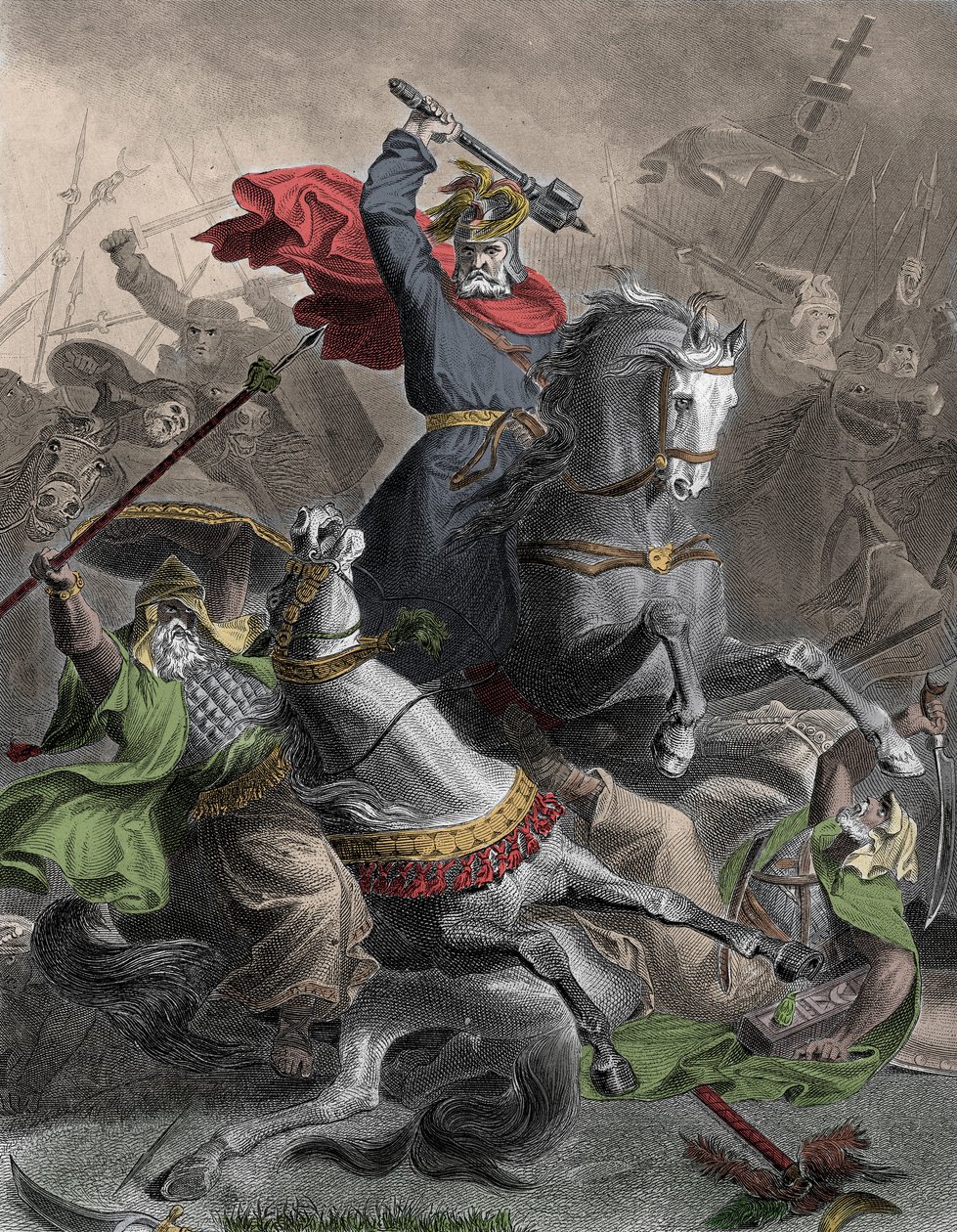 Charles Martel (690-741) johti frankeja taisteluun arabien hyökkäystä vastaan Toursissa (Ranska), 732 (Poitiersin taistelu) - Colorisee-kaiverrus 1800-luvulta - Charles Martel johti frankeja arabihyökkääjiä vastaan Toursissa Ranskassa, 732 jKr. - tekijältä Unknown artist