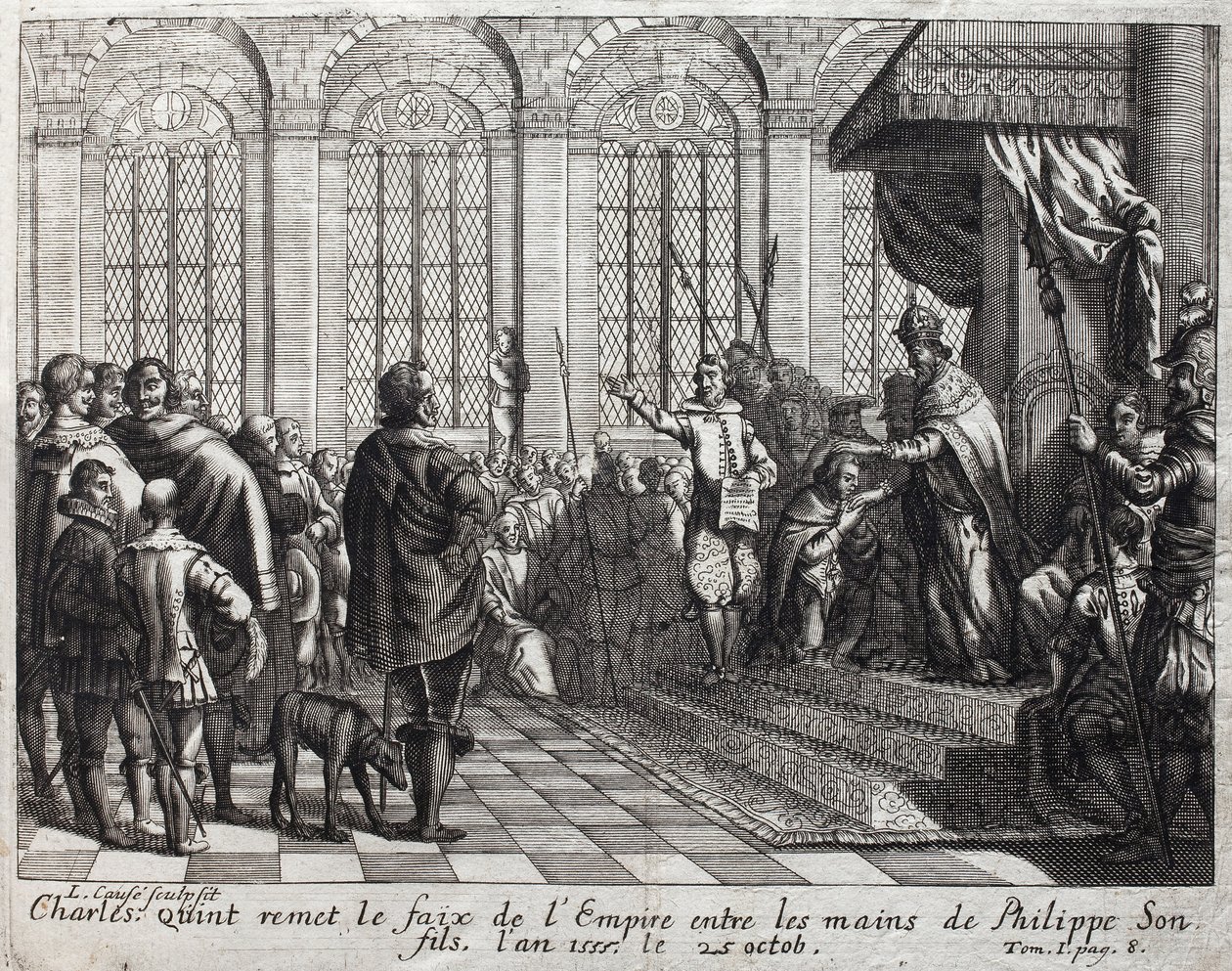 Kaarle V (1500-1558) luovutti Imperiumin faksin pojalleen Philip II:lle (Felipe) (1527-1598) 25. lokakuuta tekijältä Unknown artist
