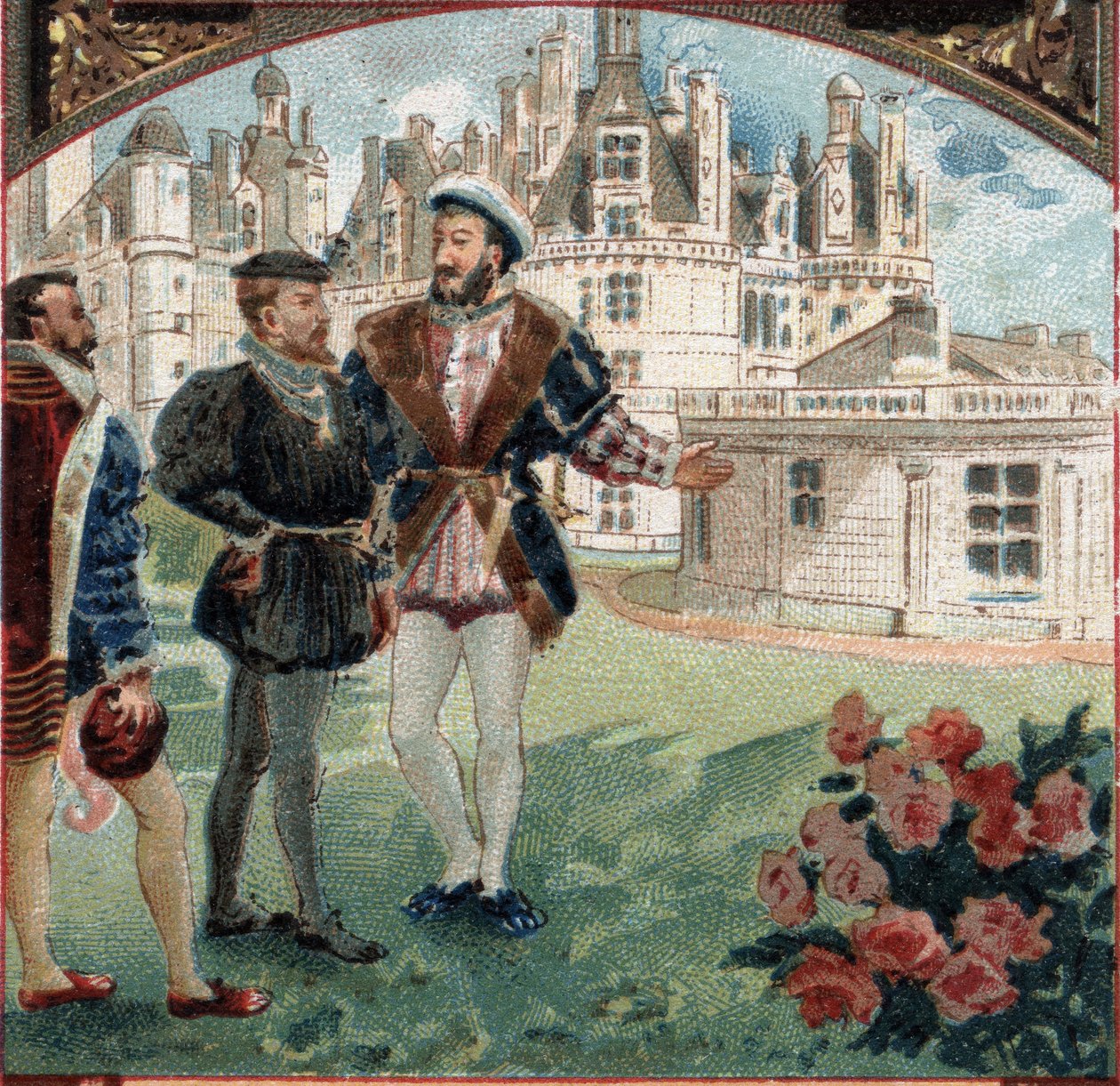 Francois I vastaanotti Kaarle V:n Chateau de Chambordissa. 1800-luvun lopun kromolitografia tekijältä Unknown artist