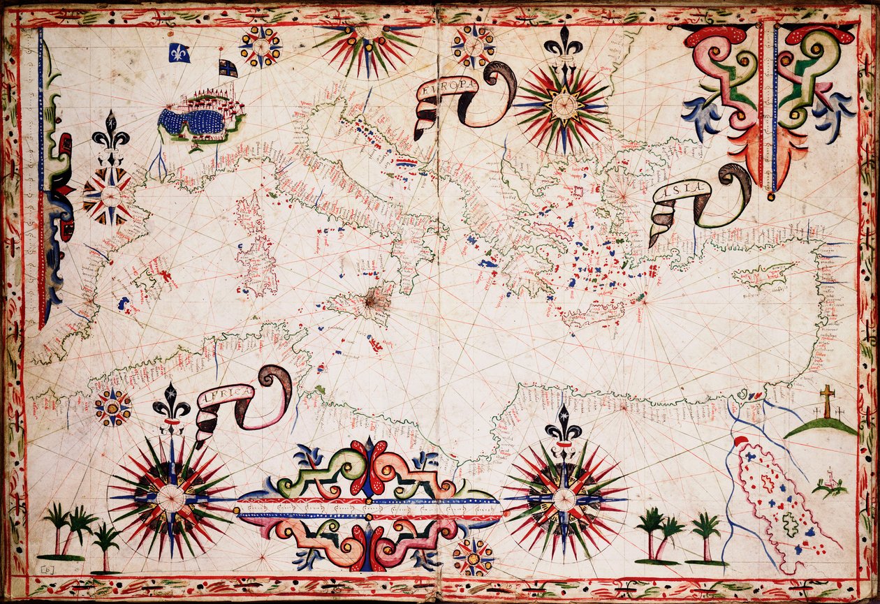 Välimeren, Mustanmeren ja Kaspianmeren kartta, noin 1620 (käsikirjoitus). tekijältä Unknown artist