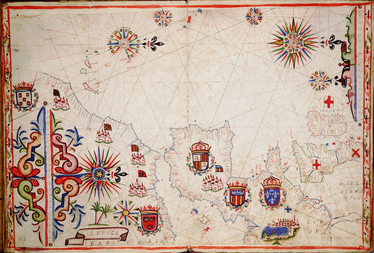 Koillis-Atlantin kartta Brittein saarilta Kap Verdeen, noin 1620 (käsikirjoitus). tekijältä Unknown artist