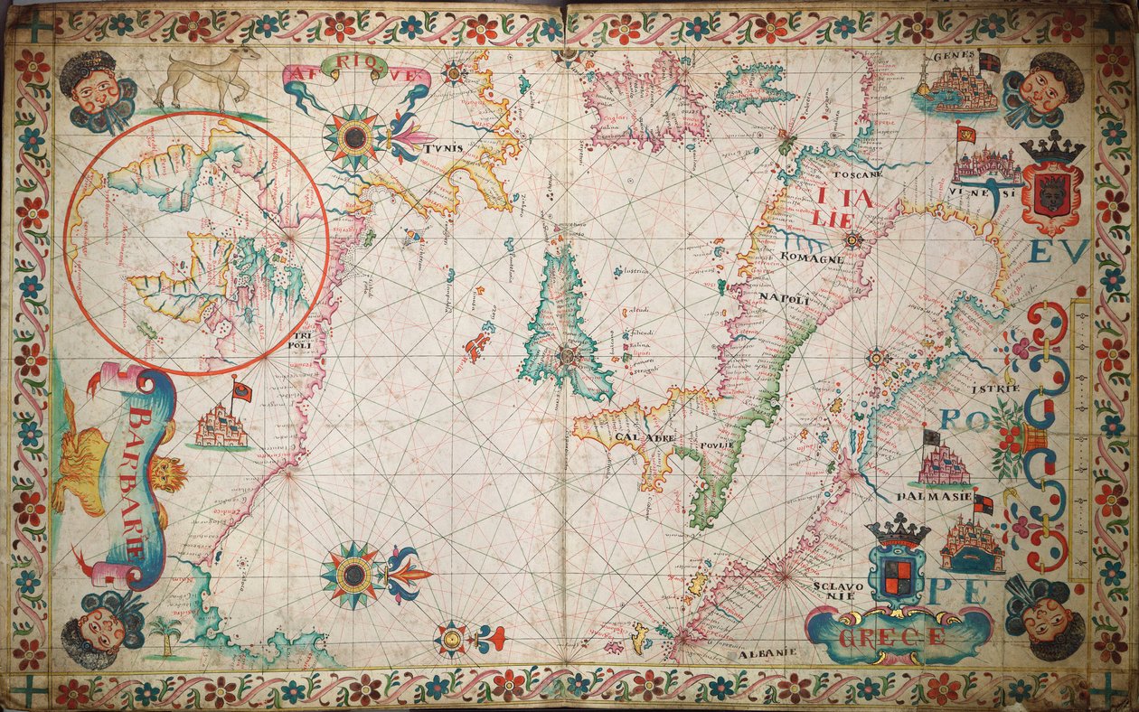 Välimeren eteläosan ja Adrianmeren kartta, noin 1600 (käsikirjoitus). tekijältä Unknown artist