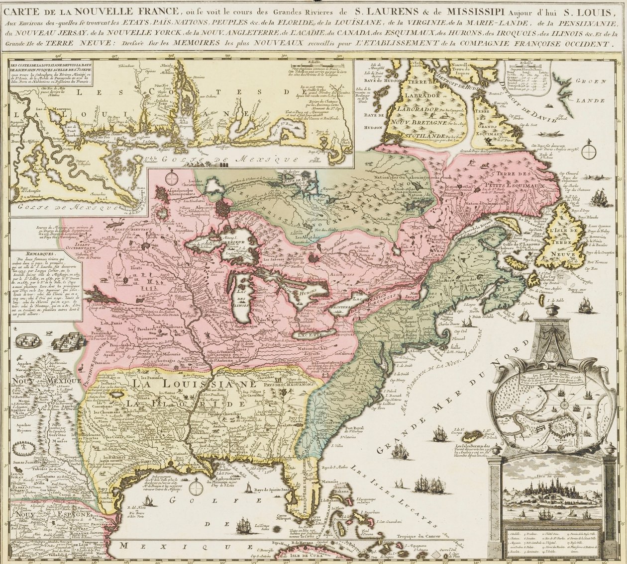 Yhdysvaltojen eteläosien kartta, jossa näkyy Mississippi-joki ja Saint Louis, noin 1720 (vedos). tekijältä Unknown artist