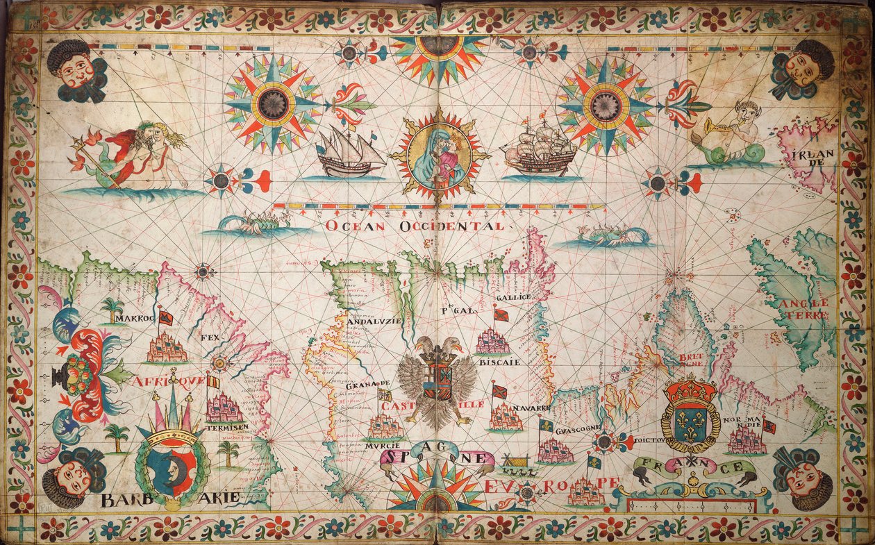Koillis-Atlantin kartta Irlannista Kap Verdeen, noin 1600 (käsikirjoitus). tekijältä Unknown artist