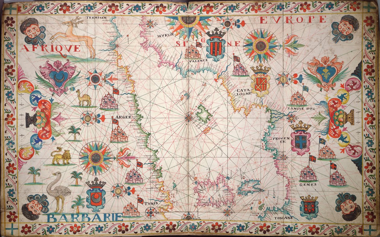 Läntisen Välimeren kartta, noin 1600 (käsikirjoitus). tekijältä Unknown artist